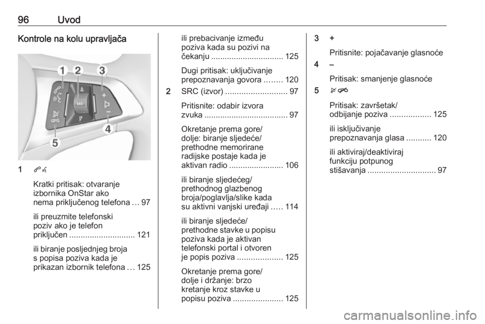 OPEL ASTRA K 2017  Priručnik za Infotainment (in Croatian) 96UvodKontrole na kolu upravljača
1qw
Kratki pritisak: otvaranje
izbornika OnStar ako
nema priključenog telefona ...97
ili preuzmite telefonski
poziv ako je telefon
priključen .....................