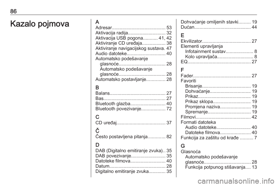 OPEL ASTRA K 2017.5 Priručnik za Infotainment (in Croatian) 86Kazalo pojmovaAAdresar ......................................... 53
Aktivacija radija............................. 32
Aktivacija USB pogona ...........41, 42
Aktiviranje CD uređaja ................ OPEL ASTRA K 2017.5 Priručnik za Infotainment (in Croatian) 86Kazalo pojmovaAAdresar ......................................... 53
Aktivacija radija............................. 32
Aktivacija USB pogona ...........41, 42
Aktiviranje CD uređaja ................