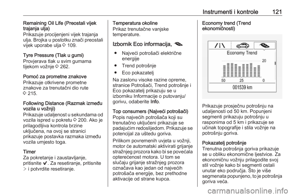 OPEL ASTRA K 2017.5  Priručnik za vlasnika (in Croatian) Instrumenti i kontrole121Remaining Oil Life (Preostali vijek
trajanja ulja)
Prikazuje procijenjeni vijek trajanja
ulja. Brojka u postotku znači preostali
vijek uporabe ulja  3 109.
Tyre Pressure (Tla