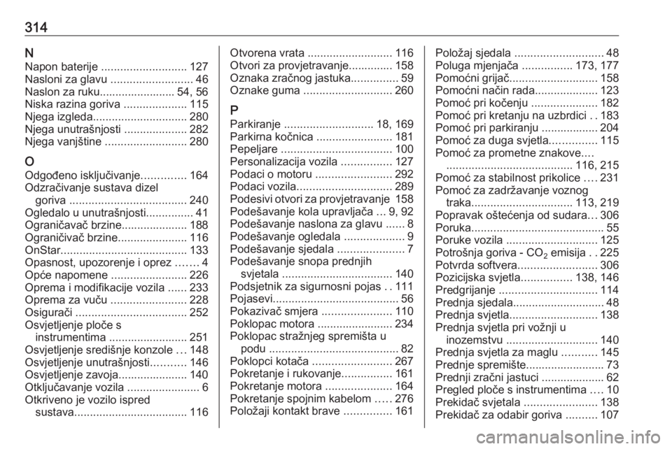 OPEL ASTRA K 2017.5  Priručnik za vlasnika (in Croatian) 314NNapon baterije  ........................... 127
Nasloni za glavu  ..........................46
Naslon za ruku........................ 54, 56
Niska razina goriva  ....................115
Njega izgl