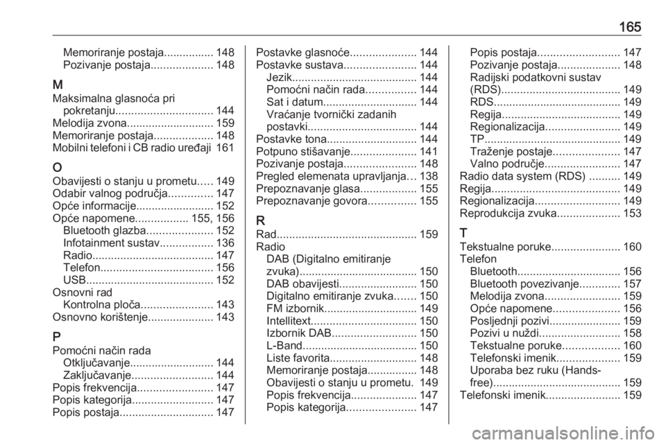 OPEL ASTRA K 2018  Priručnik za Infotainment (in Croatian) 165Memoriranje postaja................ 148
Pozivanje postaja ....................148
M Maksimalna glasnoća pri pokretanju ............................... 144
Melodija zvona...........................