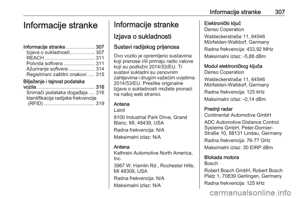 OPEL ASTRA K 2018.5 Priručnik za vlasnika (in Croatian) Informacije stranke307Informacije strankeInformacije stranke....................307
Izjava o sukladnosti .................307
REACH .................................... 311
Potvrda softvera .......... OPEL ASTRA K 2018.5 Priručnik za vlasnika (in Croatian) Informacije stranke307Informacije strankeInformacije stranke....................307
Izjava o sukladnosti .................307
REACH .................................... 311
Potvrda softvera ..........