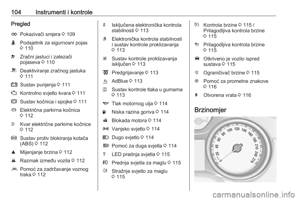 OPEL ASTRA K 2019.5  Priručnik za vlasnika (in Croatian) 104Instrumenti i kontrolePregledOPokazivači smjera 3 109XPodsjetnik za sigurnosni pojas
3  110vZračni jastuci i zatezači
pojaseva  3 110VDeaktiviranje zračnog jastuka
3  111pSustav punjenja  3 111