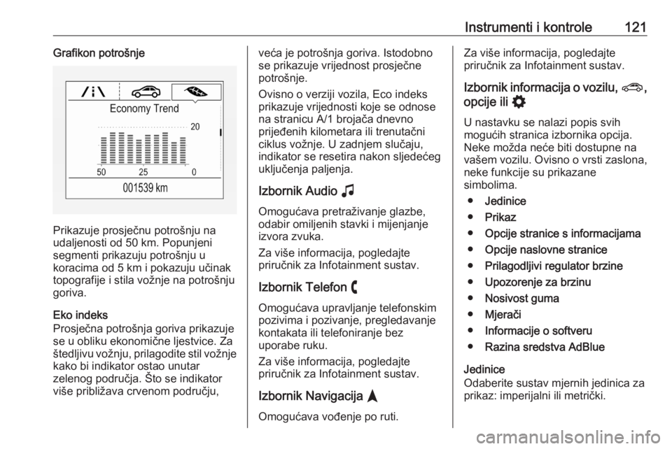 OPEL ASTRA K 2020  Priručnik za vlasnika (in Croatian) Instrumenti i kontrole121Grafikon potrošnje
Prikazuje prosječnu potrošnju na
udaljenosti od 50 km. Popunjeni
segmenti prikazuju potrošnju u
koracima od 5 km i pokazuju učinak
topografije i stila 