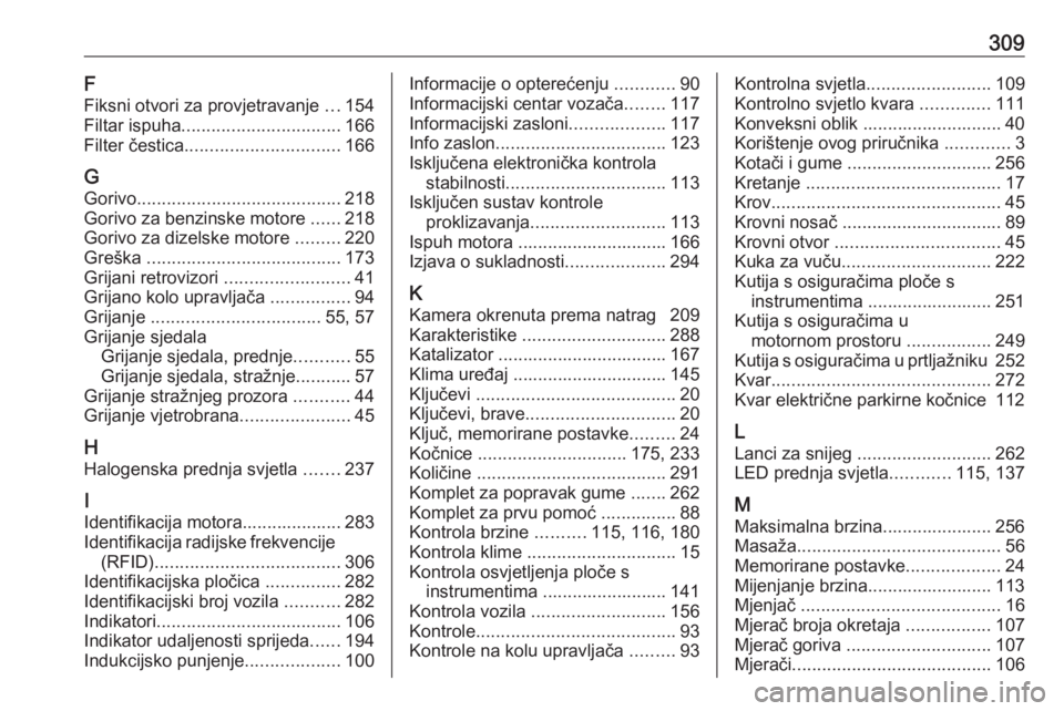 OPEL ASTRA K 2020  Priručnik za vlasnika (in Croatian) 309F
Fiksni otvori za provjetravanje  ...154
Filtar ispuha ................................ 166
Filter čestica ............................... 166
G Gorivo ......................................... 2