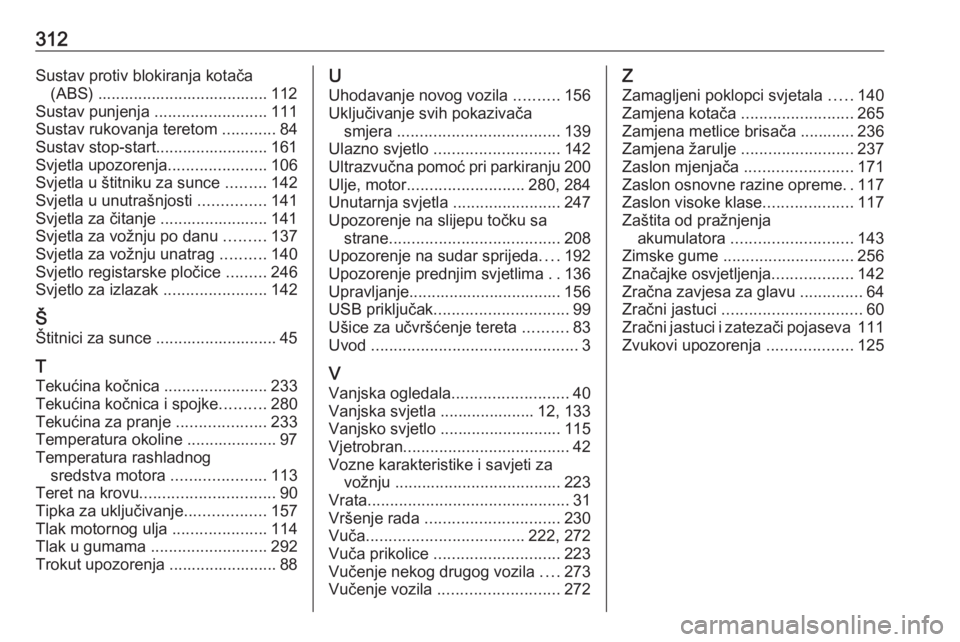 OPEL ASTRA K 2020  Priručnik za vlasnika (in Croatian) 312Sustav protiv blokiranja kotača(ABS) ...................................... 112
Sustav punjenja  .........................111
Sustav rukovanja teretom  ............84
Sustav stop-start............