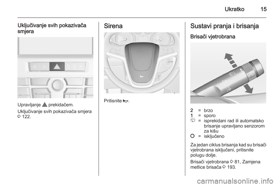 OPEL CASCADA 2014 Priručnik za vlasnika (in Croatian) Ukratko15
Uključivanje svih pokazivača
smjera
Upravljanje ¨ prekidačem.
Uključivanje svih pokazivača smjera
3 122.
Sirena
Pritisnite j.
Sustavi pranja i brisanja
Brisači vjetrobrana2=brzo1=s OPEL CASCADA 2014 Priručnik za vlasnika (in Croatian) Ukratko15
Uključivanje svih pokazivača
smjera
Upravljanje ¨ prekidačem.
Uključivanje svih pokazivača smjera
3 122.
Sirena
Pritisnite j.
Sustavi pranja i brisanja
Brisači vjetrobrana2=brzo1=s