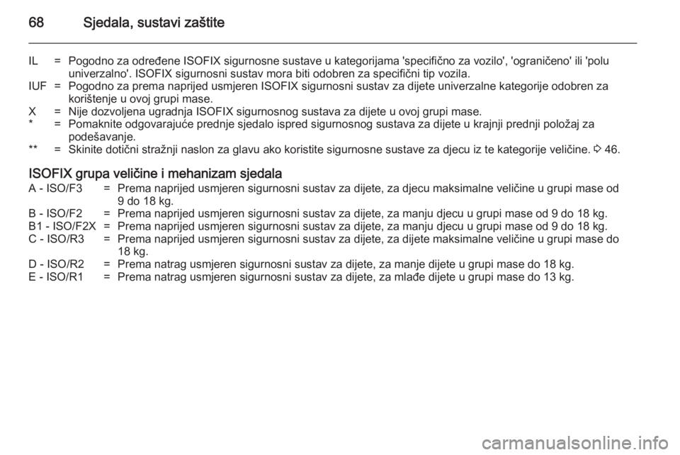 OPEL CASCADA 2014  Priručnik za vlasnika (in Croatian) 68Sjedala, sustavi zaštite
IL=Pogodno za određene ISOFIX sigurnosne sustave u kategorijama 'specifično za vozilo', 'ograničeno' ili 'poluuniverzalno'. ISOFIX sigurnosni sus