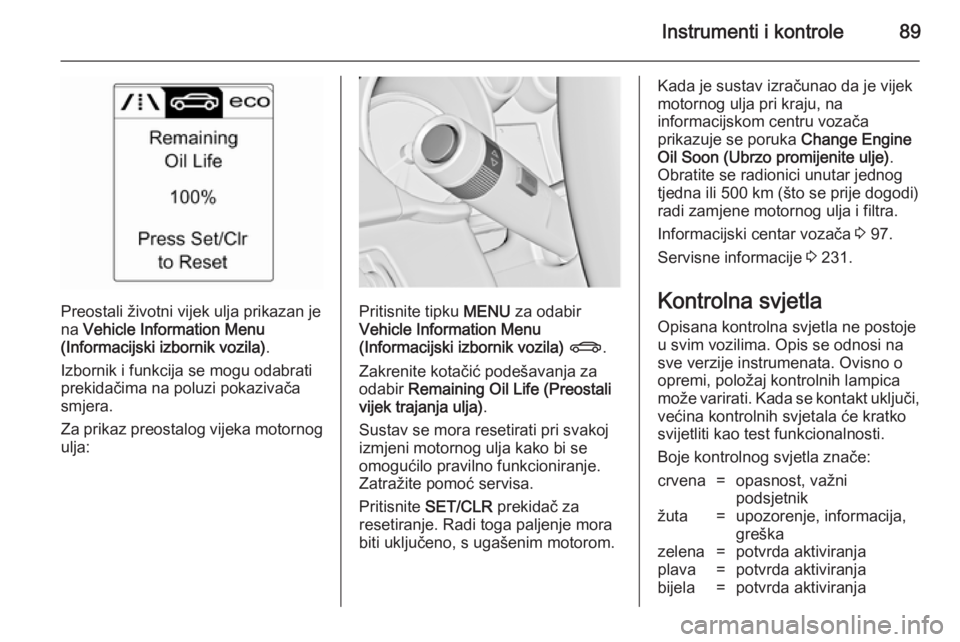 OPEL CASCADA 2014  Priručnik za vlasnika (in Croatian) Instrumenti i kontrole89
Preostali životni vijek ulja prikazan je
na  Vehicle Information Menu
(Informacijski izbornik vozila) .
Izbornik i funkcija se mogu odabrati prekidačima na poluzi pokazivač