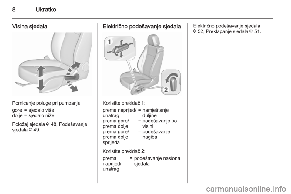 OPEL CASCADA 2015.5  Priručnik za vlasnika (in Croatian) 8Ukratko
Visina sjedala
Pomicanje poluge pri pumpanju
gore=sjedalo višedolje=sjedalo niže
Položaj sjedala 3 48, Podešavanje
sjedala  3 49.
Električno podešavanje sjedala
Koristite prekidač  1:
