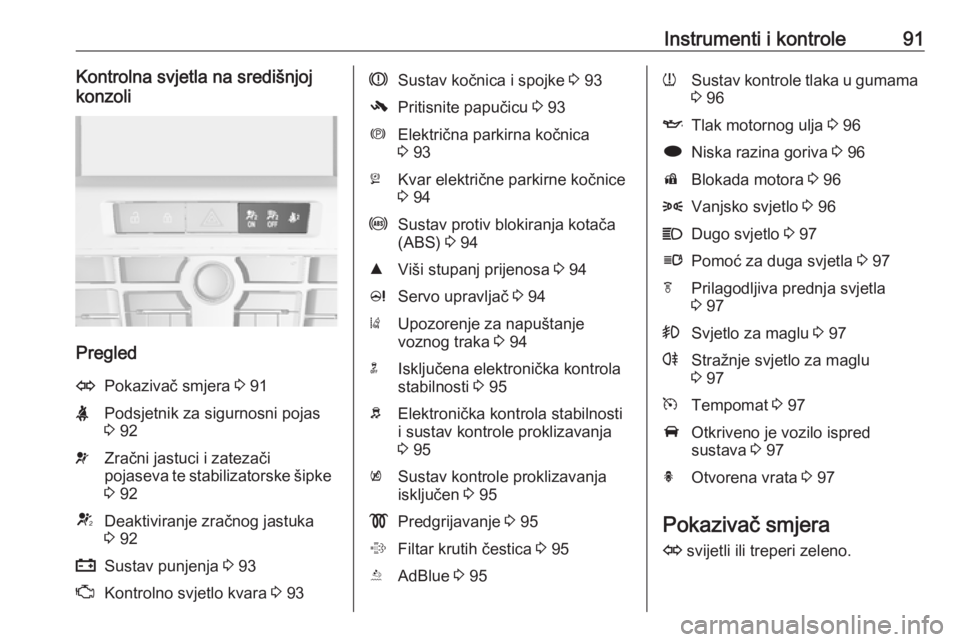 OPEL CASCADA 2016  Priručnik za vlasnika (in Croatian) Instrumenti i kontrole91Kontrolna svjetla na središnjoj
konzoli
Pregled
OPokazivač smjera  3 91XPodsjetnik za sigurnosni pojas
3  92vZračni jastuci i zatezači
pojaseva te stabilizatorske šipke 3 