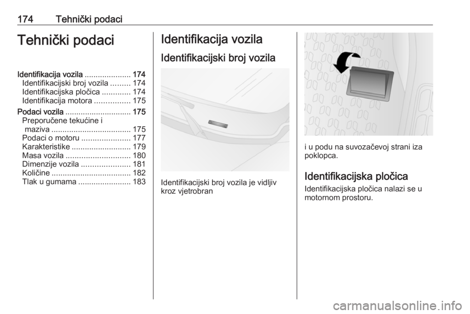OPEL COMBO 2016  Priručnik za vlasnika (in Croatian) 174Tehnički podaciTehnički podaciIdentifikacija vozila.....................174
Identifikacijski broj vozila .........174
Identifikacijska pločica .............174
Identifikacija motora ............ OPEL COMBO 2016  Priručnik za vlasnika (in Croatian) 174Tehnički podaciTehnički podaciIdentifikacija vozila.....................174
Identifikacijski broj vozila .........174
Identifikacijska pločica .............174
Identifikacija motora ............