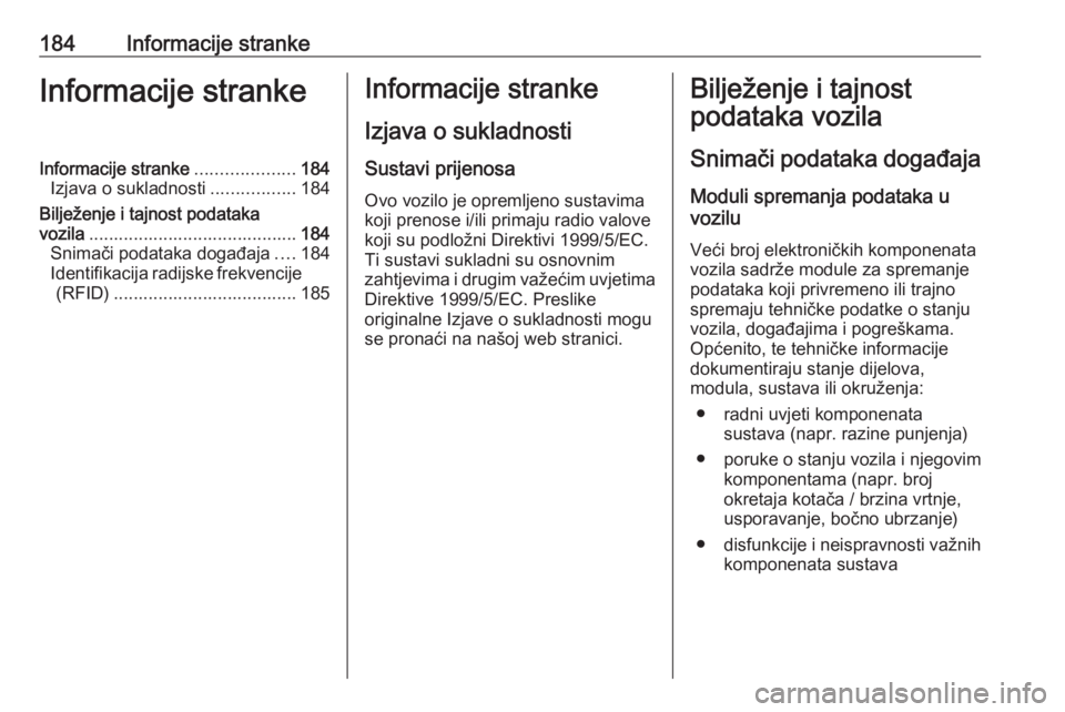 OPEL COMBO 2016  Priručnik za vlasnika (in Croatian) 184Informacije strankeInformacije strankeInformacije stranke....................184
Izjava o sukladnosti .................184
Bilježenje i tajnost podataka
vozila ....................................