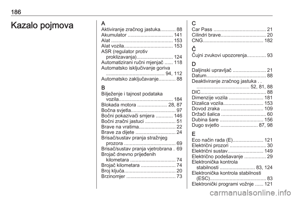 OPEL COMBO 2016  Priručnik za vlasnika (in Croatian) 186Kazalo pojmovaAAktiviranje zračnog jastuka ...........88
Akumulator  ................................ 141
Alat  ............................................ 153
Alat vozila .......................
