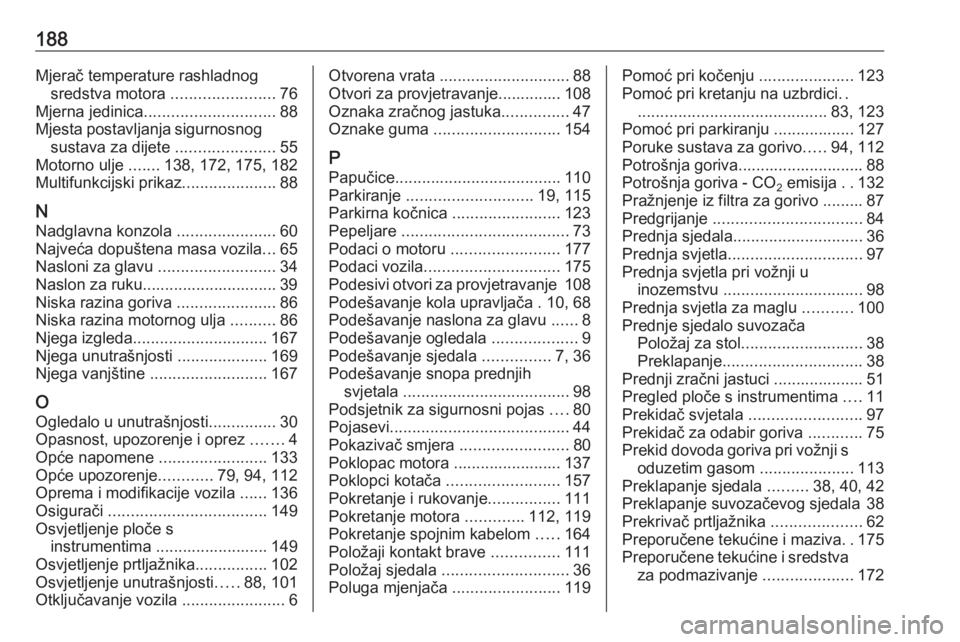 OPEL COMBO 2016  Priručnik za vlasnika (in Croatian) 188Mjerač temperature rashladnogsredstva motora  .......................76
Mjerna jedinica ............................. 88
Mjesta postavljanja sigurnosnog sustava za dijete  ......................55