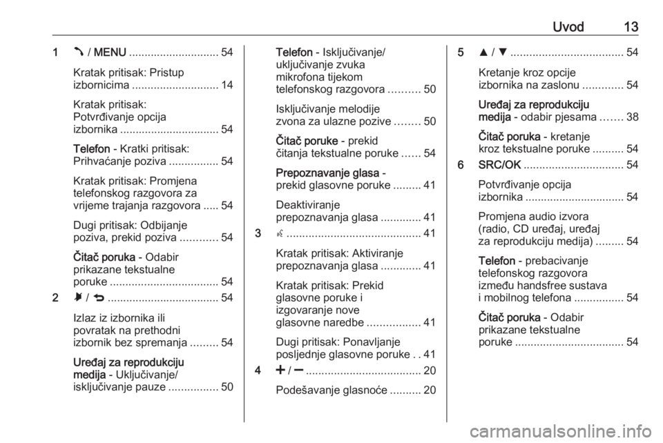 OPEL COMBO D 2018  Priručnik za Infotainment (in Croatian) Uvod131Â / MENU ............................. 54
Kratak pritisak: Pristup
izbornicima ............................ 14
Kratak pritisak:
Potvrđivanje opcija
izbornika ................................ 