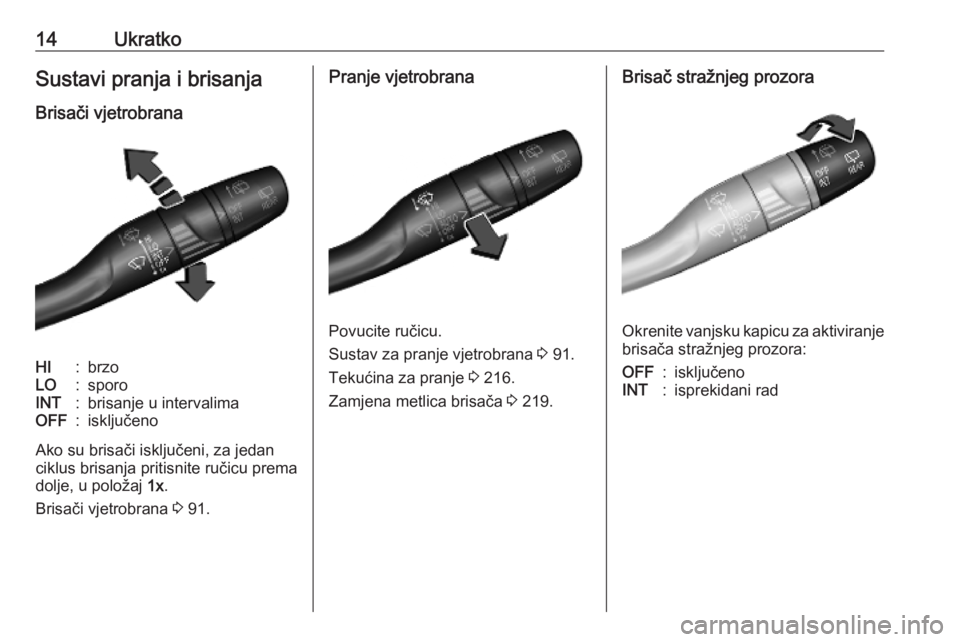 OPEL COMBO E 2019  Priručnik za vlasnika (in Croatian) 14UkratkoSustavi pranja i brisanja
Brisači vjetrobranaHI:brzoLO:sporoINT:brisanje u intervalimaOFF:isključeno
Ako su brisači isključeni, za jedan ciklus brisanja pritisnite ručicu premadolje, u p