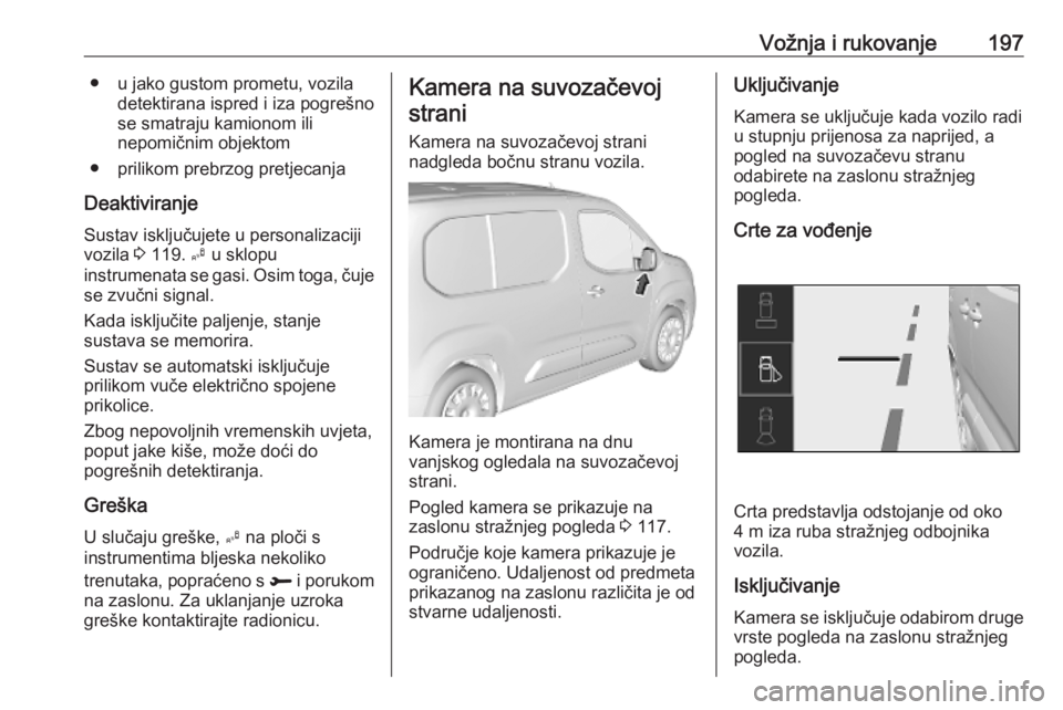 OPEL COMBO E 2019.1 Priručnik za vlasnika (in Croatian) Vožnja i rukovanje197● u jako gustom prometu, voziladetektirana ispred i iza pogrešno
se smatraju kamionom ili
nepomičnim objektom
● prilikom prebrzog pretjecanja
Deaktiviranje Sustav isključu OPEL COMBO E 2019.1 Priručnik za vlasnika (in Croatian) Vožnja i rukovanje197● u jako gustom prometu, voziladetektirana ispred i iza pogrešno
se smatraju kamionom ili
nepomičnim objektom
● prilikom prebrzog pretjecanja
Deaktiviranje Sustav isključu