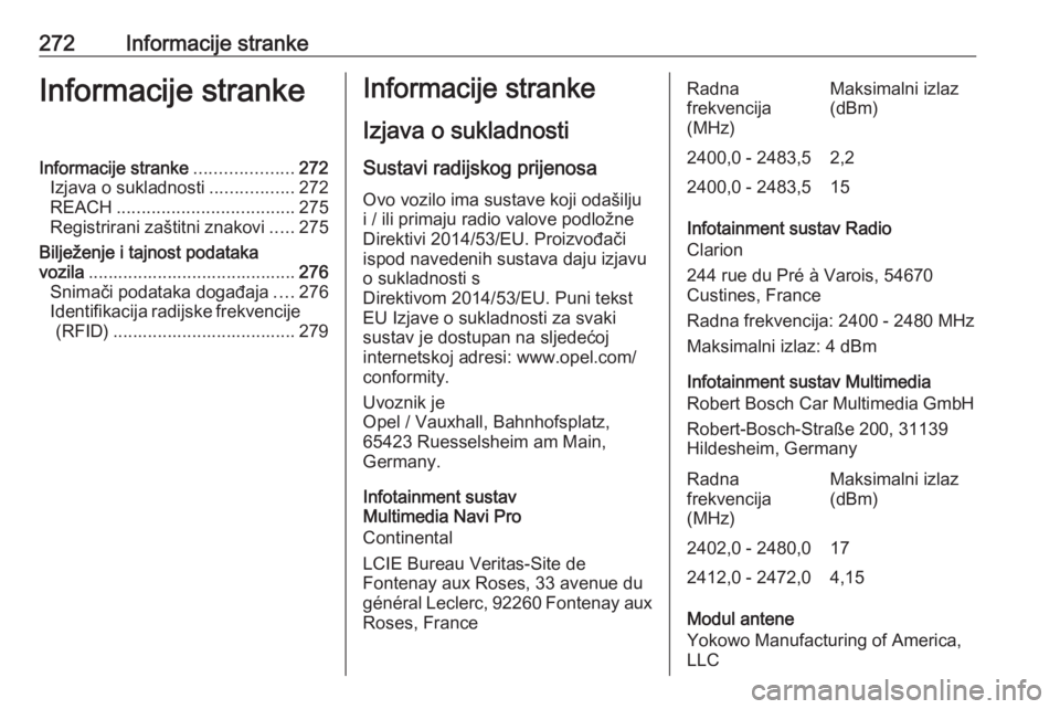 OPEL COMBO E 2019.1 Priručnik za vlasnika (in Croatian) 272Informacije strankeInformacije strankeInformacije stranke....................272
Izjava o sukladnosti .................272
REACH .................................... 275
Registrirani zaštitni znak OPEL COMBO E 2019.1 Priručnik za vlasnika (in Croatian) 272Informacije strankeInformacije strankeInformacije stranke....................272
Izjava o sukladnosti .................272
REACH .................................... 275
Registrirani zaštitni znak