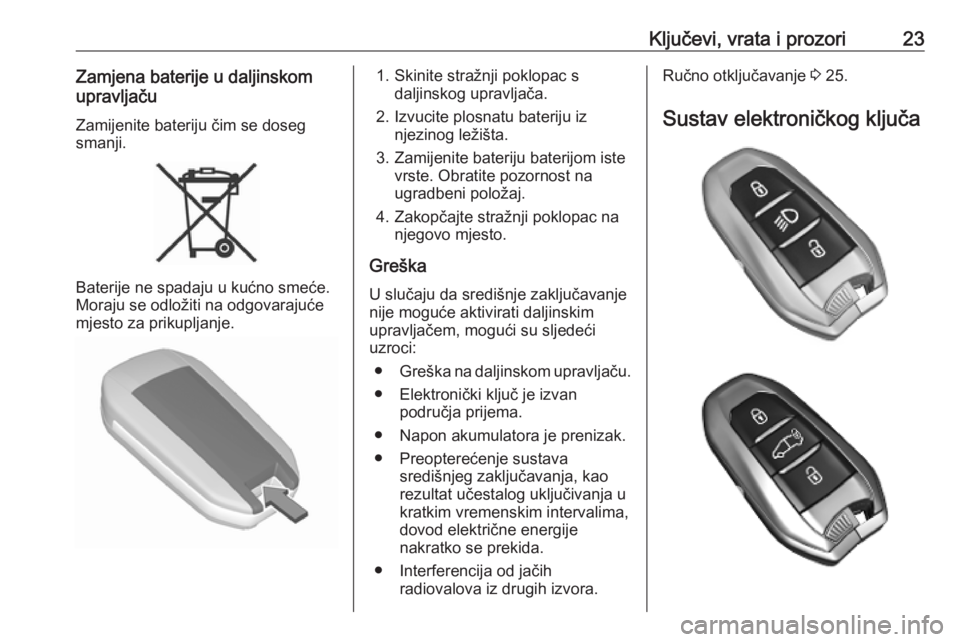 OPEL COMBO E 2019.75  Priručnik za vlasnika (in Croatian) Ključevi, vrata i prozori23Zamjena baterije u daljinskom
upravljaču
Zamijenite bateriju čim se dosegsmanji.
Baterije ne spadaju u kućno smeće.
Moraju se odložiti na odgovarajuće mjesto za priku