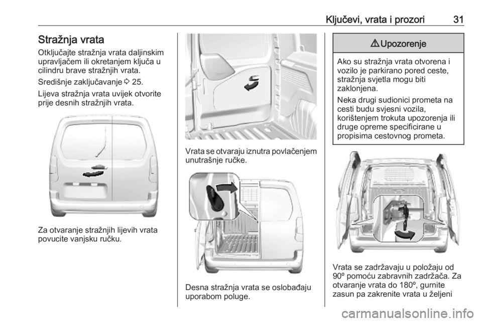 OPEL COMBO E 2019.75  Priručnik za vlasnika (in Croatian) Ključevi, vrata i prozori31Stražnja vrataOtključajte stražnja vrata daljinskimupravljačem ili okretanjem ključa u
cilindru brave stražnjih vrata.
Središnje zaključavanje  3 25.
Lijeva stražn
