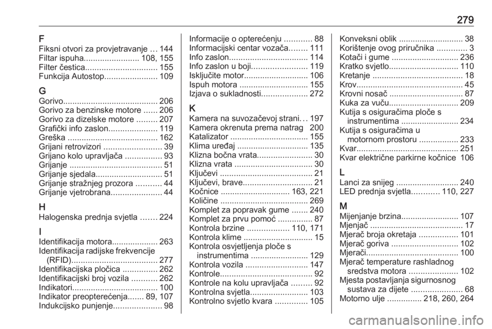 OPEL COMBO E 2020  Priručnik za vlasnika (in Croatian) 279F
Fiksni otvori za provjetravanje  ...144
Filtar ispuha ........................ 108, 155
Filter čestica ............................... 155
Funkcija Autostop .......................109
G Gorivo .