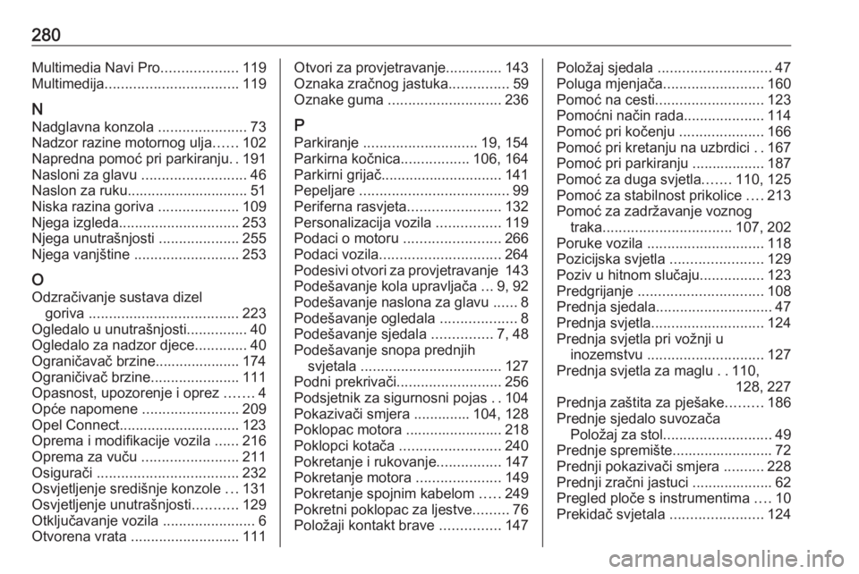 OPEL COMBO E 2020  Priručnik za vlasnika (in Croatian) 280Multimedia Navi Pro...................119
Multimedija ................................. 119
N Nadglavna konzola  ......................73
Nadzor razine motornog ulja ......102
Napredna pomoć pri p