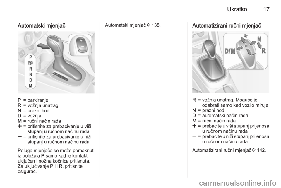 OPEL CORSA 2015.5  Priručnik za vlasnika (in Croatian) Ukratko17
Automatski mjenjačP=parkiranjeR=vožnja unatragN=prazni hodD=vožnjaM=ručni način rada<=pritisnite za prebacivanje u viši
stupanj u ručnom načinu rada]=pritisnite za prebacivanje u ni�