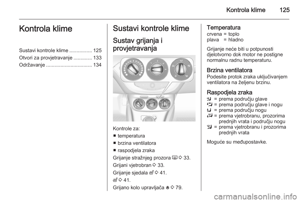 OPEL CORSA 2015.75 Priručnik za vlasnika (in Croatian) Kontrola klime125Kontrola klimeSustavi kontrole klime................125
Otvori za provjetravanje .............133
Održavanje ................................ 134Sustavi kontrole klime
Sustav grijanj OPEL CORSA 2015.75 Priručnik za vlasnika (in Croatian) Kontrola klime125Kontrola klimeSustavi kontrole klime................125
Otvori za provjetravanje .............133
Održavanje ................................ 134Sustavi kontrole klime
Sustav grijanj