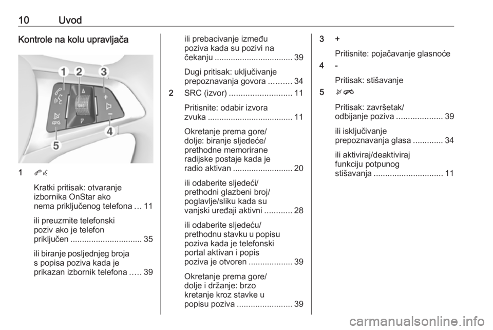 OPEL CORSA 2017 Priručnik za Infotainment (in Croatian) 10UvodKontrole na kolu upravljača
1qw
Kratki pritisak: otvaranje
izbornika OnStar ako
nema priključenog telefona ...11
ili preuzmite telefonski
poziv ako je telefon
priključen ..................... OPEL CORSA 2017 Priručnik za Infotainment (in Croatian) 10UvodKontrole na kolu upravljača
1qw
Kratki pritisak: otvaranje
izbornika OnStar ako
nema priključenog telefona ...11
ili preuzmite telefonski
poziv ako je telefon
priključen .....................