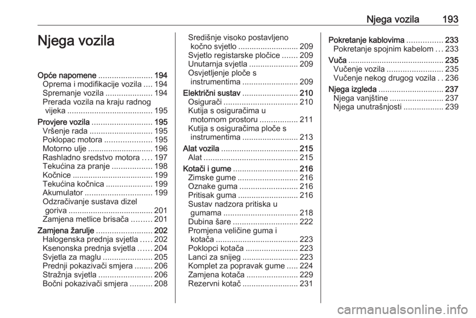 OPEL CORSA E 2018  Priručnik za vlasnika (in Croatian) Njega vozila193Njega vozilaOpće napomene........................194
Oprema i modifikacije vozila ....194
Spremanje vozila .....................194
Prerada vozila na kraju radnog vijeka ..............