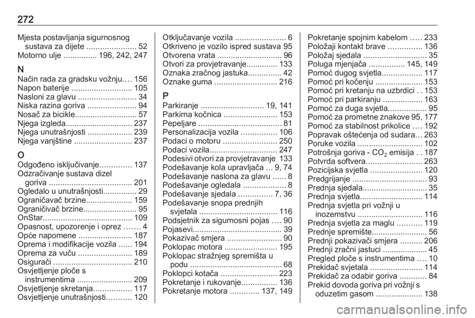 OPEL CORSA E 2018  Priručnik za vlasnika (in Croatian) 272Mjesta postavljanja sigurnosnogsustava za dijete  ......................52
Motorno ulje  ...............196, 242, 247
N Način rada za gradsku vožnju ....156
Napon baterije  ......................