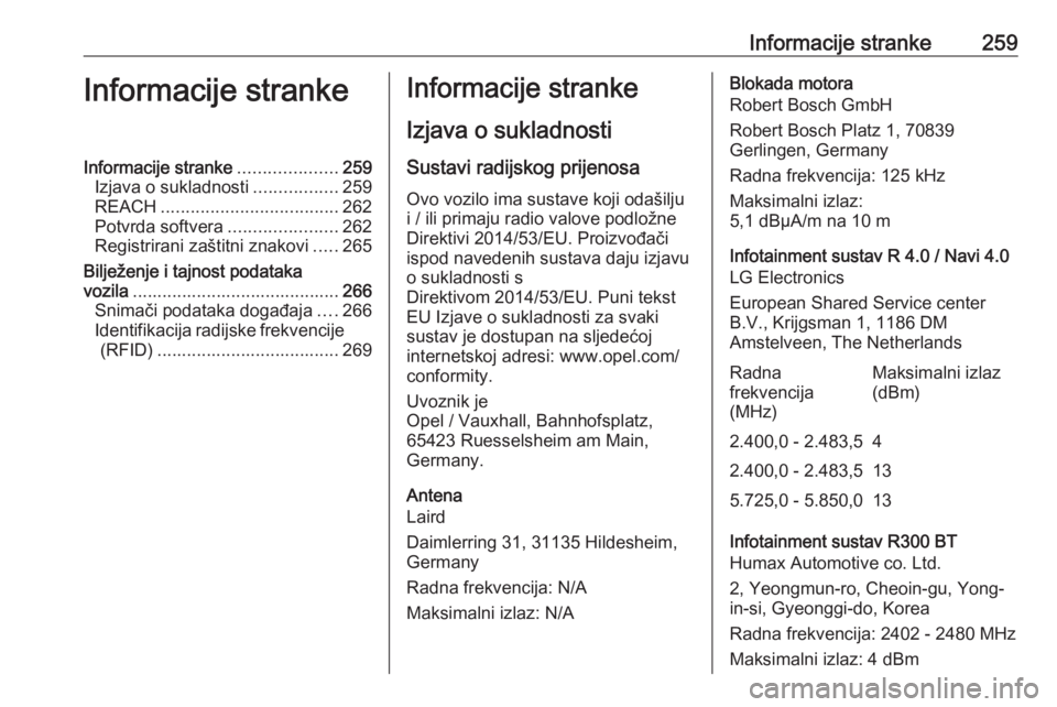 OPEL CORSA E 2018.5 Priručnik za vlasnika (in Croatian) Informacije stranke259Informacije strankeInformacije stranke....................259
Izjava o sukladnosti .................259
REACH .................................... 262
Potvrda softvera .......... OPEL CORSA E 2018.5 Priručnik za vlasnika (in Croatian) Informacije stranke259Informacije strankeInformacije stranke....................259
Izjava o sukladnosti .................259
REACH .................................... 262
Potvrda softvera ..........