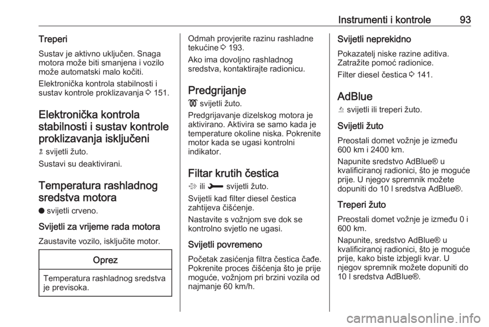 OPEL CROSSLAND X 2018.5  Priručnik za vlasnika (in Croatian) Instrumenti i kontrole93Treperi
Sustav je aktivno uključen. Snaga
motora može biti smanjena i vozilo može automatski malo kočiti.
Elektronička kontrola stabilnosti i
sustav kontrole proklizavanja