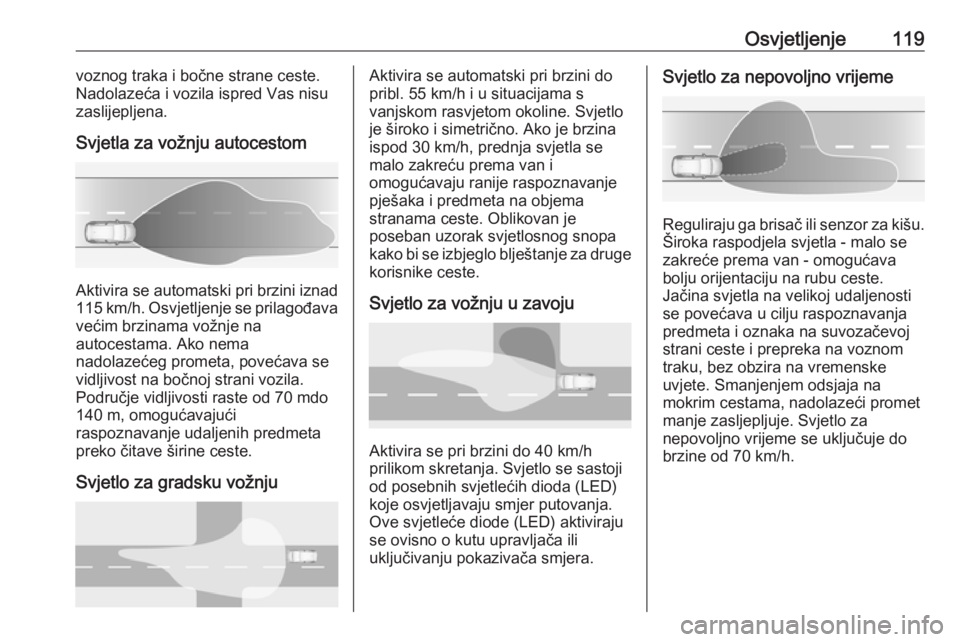OPEL GRANDLAND X 2018.75  Priručnik za vlasnika (in Croatian) Osvjetljenje119voznog traka i bočne strane ceste.
Nadolazeća i vozila ispred Vas nisu zaslijepljena.
Svjetla za vožnju autocestom
Aktivira se automatski pri brzini iznad 115 km/h. Osvjetljenje se p