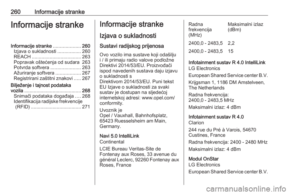 OPEL GRANDLAND X 2018.75  Priručnik za vlasnika (in Croatian) 260Informacije strankeInformacije strankeInformacije stranke....................260
Izjava o sukladnosti .................260
REACH .................................... 263
Popravak oštećenja od sud