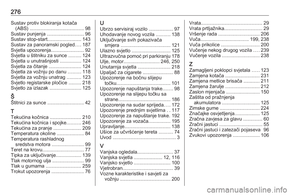 OPEL GRANDLAND X 2018.75  Priručnik za vlasnika (in Croatian) 276Sustav protiv blokiranja kotača(ABS) ........................................ 98
Sustav punjenja  ........................... 96
Sustav stop-start......................... 143
Sustav za panoramski