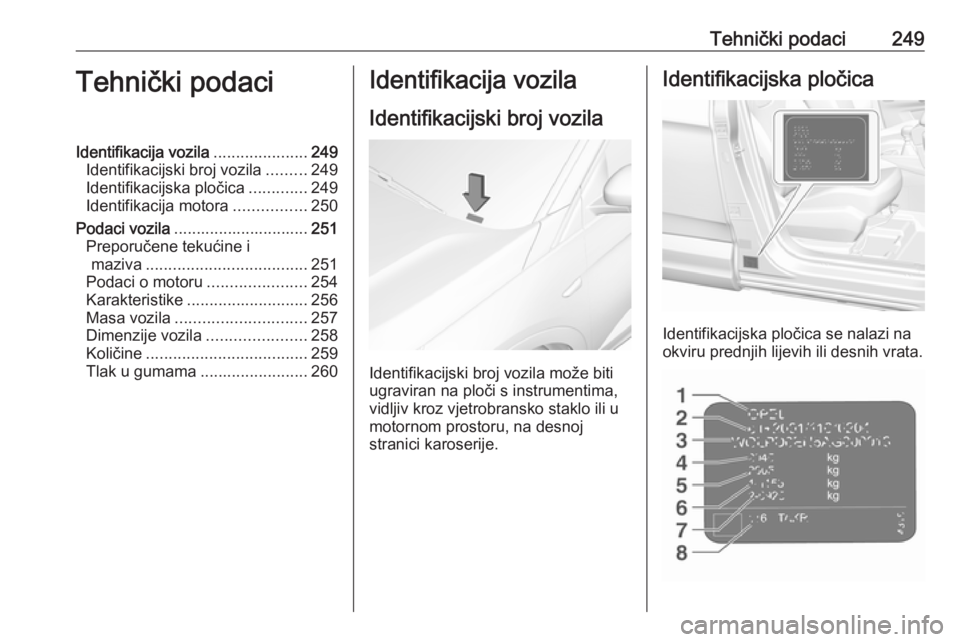 OPEL GRANDLAND X 2019  Priručnik za vlasnika (in Croatian) Tehnički podaci249Tehnički podaciIdentifikacija vozila.....................249
Identifikacijski broj vozila .........249
Identifikacijska pločica .............249
Identifikacija motora ............