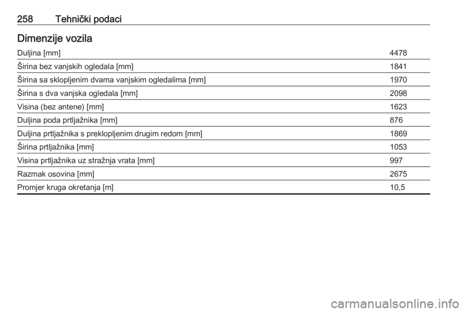 OPEL GRANDLAND X 2019  Priručnik za vlasnika (in Croatian) 258Tehnički podaciDimenzije vozilaDuljina [mm]4478Širina bez vanjskih ogledala [mm]1841Širina sa sklopljenim dvama vanjskim ogledalima [mm]1970Širina s dva vanjska ogledala [mm]2098Visina (bez ant
