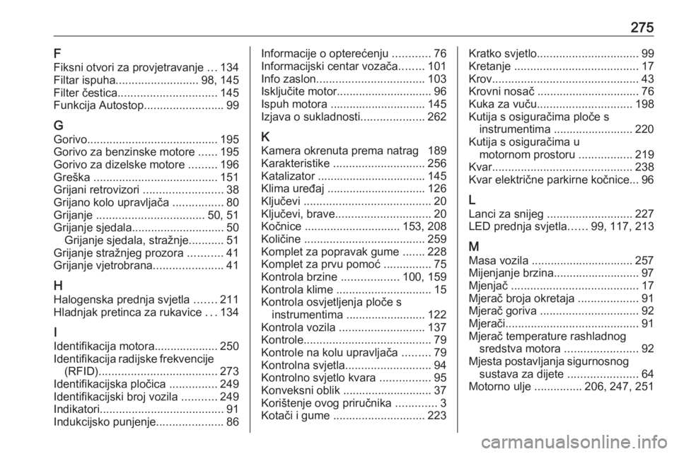 OPEL GRANDLAND X 2019  Priručnik za vlasnika (in Croatian) 275F
Fiksni otvori za provjetravanje  ...134
Filtar ispuha .......................... 98, 145
Filter čestica ............................... 145
Funkcija Autostop .........................99
G Gorivo