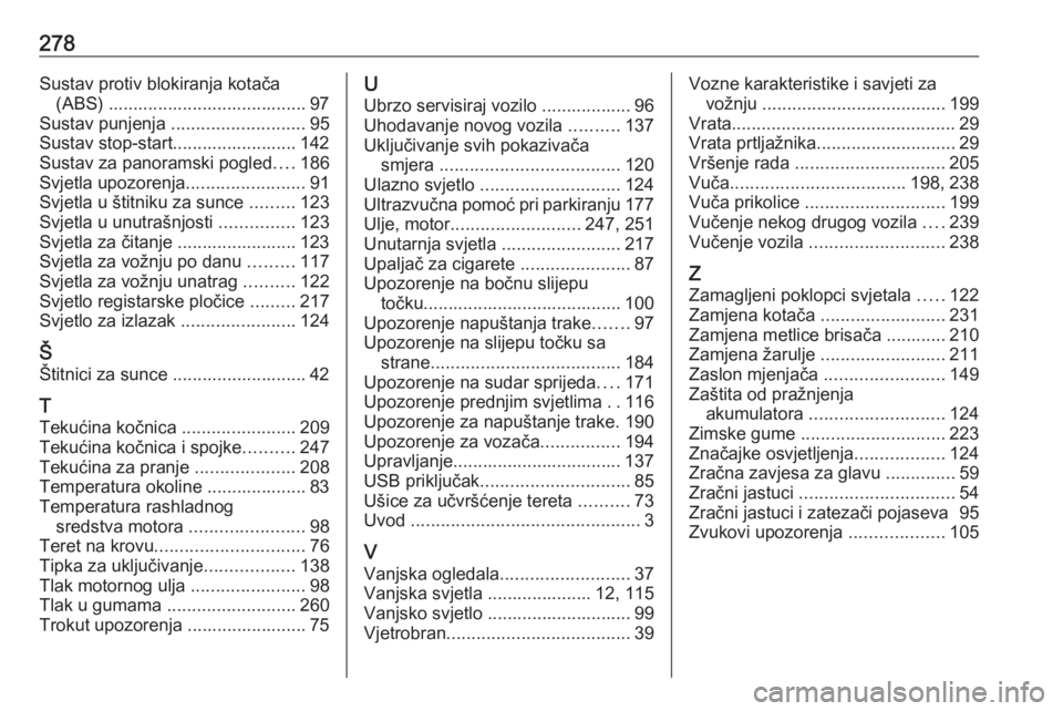 OPEL GRANDLAND X 2019  Priručnik za vlasnika (in Croatian) 278Sustav protiv blokiranja kotača(ABS) ........................................ 97
Sustav punjenja  ........................... 95
Sustav stop-start......................... 142
Sustav za panoramski
