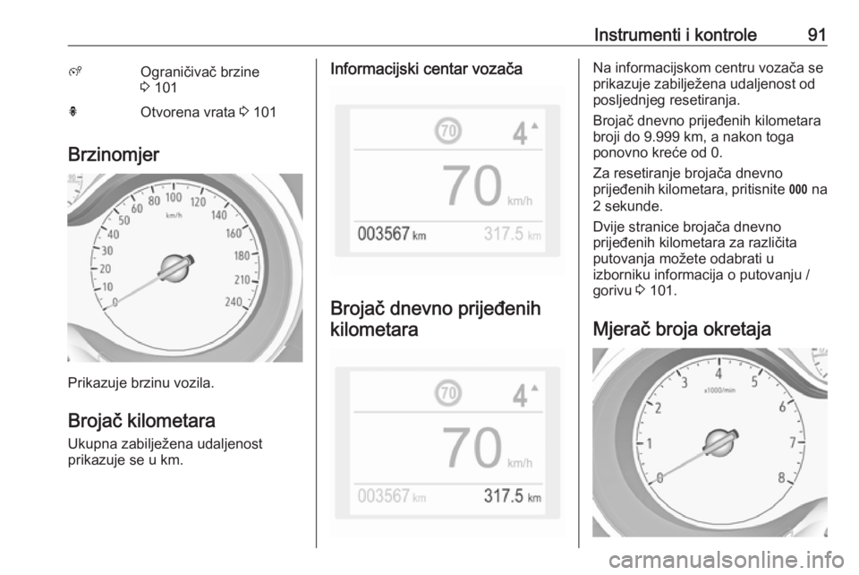 OPEL GRANDLAND X 2019  Priručnik za vlasnika (in Croatian) Instrumenti i kontrole91ßOgraničivač brzine
3  101hOtvorena vrata  3 101
Brzinomjer
Prikazuje brzinu vozila.
Brojač kilometara Ukupna zabilježena udaljenost
prikazuje se u km.
Informacijski centa
