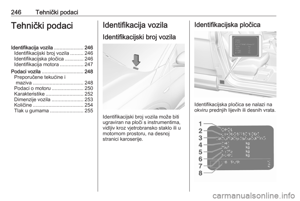 OPEL GRANDLAND X 2019.75  Priručnik za vlasnika (in Croatian) 246Tehnički podaciTehnički podaciIdentifikacija vozila.....................246
Identifikacijski broj vozila .........246
Identifikacijska pločica .............246
Identifikacija motora ............