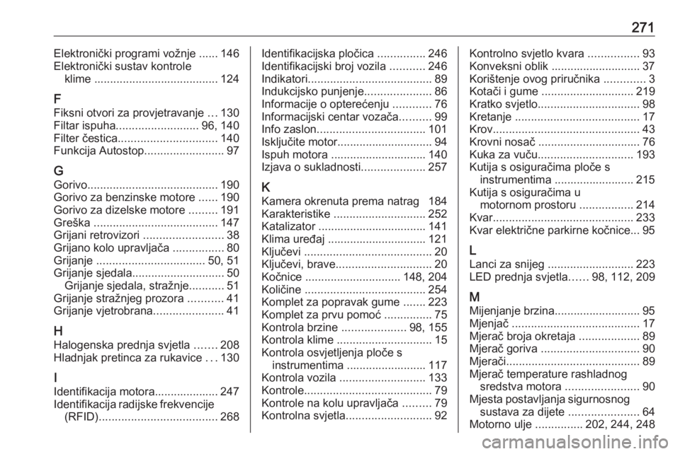 OPEL GRANDLAND X 2019.75  Priručnik za vlasnika (in Croatian) 271Elektronički programi vožnje ...... 146
Elektronički sustav kontrole klime  ....................................... 124
F Fiksni otvori za provjetravanje  ...130
Filtar ispuha ..................