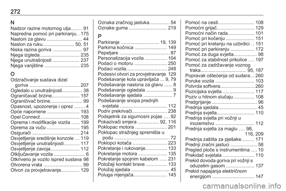 OPEL GRANDLAND X 2019.75  Priručnik za vlasnika (in Croatian) 272NNadzor razine motornog ulja ........91
Napredna pomoć pri parkiranju ..175
Nasloni za glavu  ..........................44
Naslon za ruku........................ 50, 51
Niska razina goriva  ......