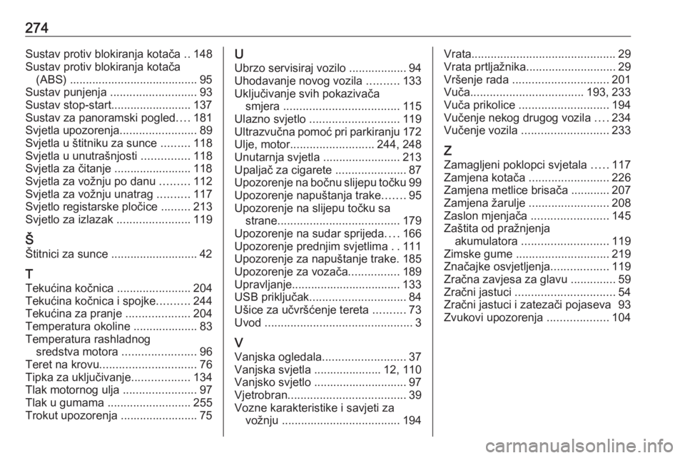 OPEL GRANDLAND X 2019.75  Priručnik za vlasnika (in Croatian) 274Sustav protiv blokiranja kotača ..148
Sustav protiv blokiranja kotača (ABS) ........................................ 95
Sustav punjenja  ........................... 93
Sustav stop-start..........