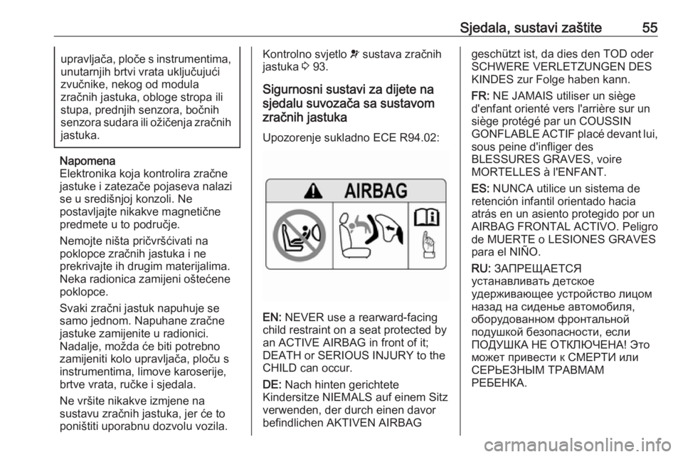 OPEL GRANDLAND X 2019.75  Priručnik za vlasnika (in Croatian) Sjedala, sustavi zaštite55upravljača, ploče s instrumentima,unutarnjih brtvi vrata uključujući
zvučnike, nekog od modula
zračnih jastuka, obloge stropa ili
stupa, prednjih senzora, bočnih
senz