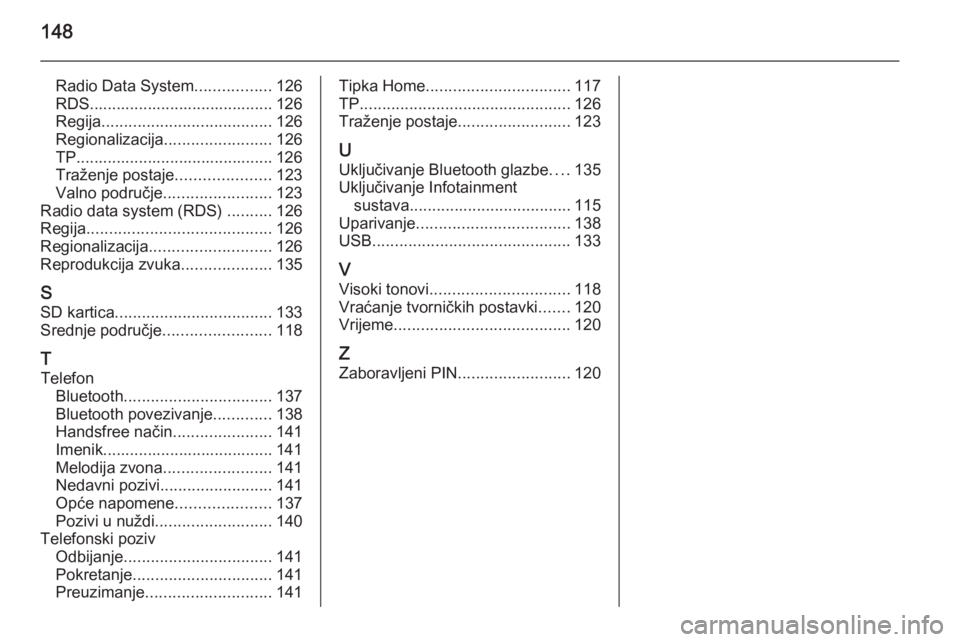 OPEL INSIGNIA 2014  Priručnik za Infotainment (in Croatian) 148
Radio Data System.................126
RDS......................................... 126
Regija ...................................... 126
Regionalizacija ........................ 126
TP............