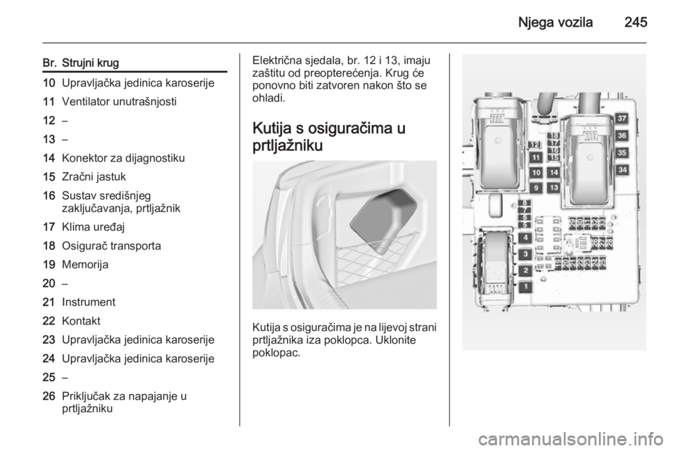 OPEL INSIGNIA 2014  Priručnik za vlasnika (in Croatian) Njega vozila245
Br.Strujni krug10Upravljačka jedinica karoserije11Ventilator unutrašnjosti12–13–14Konektor za dijagnostiku15Zračni jastuk16Sustav središnjeg
zaključavanja, prtljažnik17Klima 