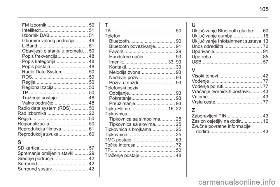 OPEL INSIGNIA 2015  Priručnik za Infotainment (in Croatian) 105
FM izbornik................................ 50
Intellitext .................................... 51
Izbornik DAB ............................. 51
Izbornim valnog područja ..........49
L-Band......